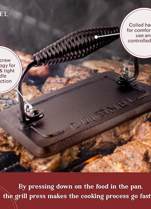 Cuisinel Cast Iron Grill Pan + Rectangular Cast Iron Grill Press + Tempered Glass Lid + Pan Scraper – Pre-Seasoned Ribbed Skillet – 10.5"-Inch Square Grilling Indoor/Outdoor Camping Fire BBQ Cookware