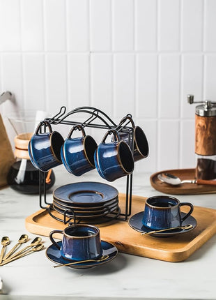YHOSSEUN Espresso Cups Set of 6, 4 OZ Expresso Shots Cup Small Coffee Cup with Sacuers Metal Stand, Ceramic Espresso Cups for Cappuccino, Latte, Cafe Mocha and Tea, Blue