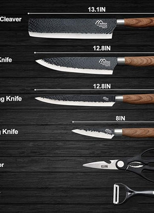 Numola 6 Pieces Black Professional Chef Knife Set, BBQ Meat Knives for Cooking, Forged Kitchen Knife with High Carbon Stainless Steel Cutlery Ergonomic Design Handle with Box for Couples Gift