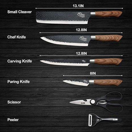 Numola 6 Pieces Black Professional Chef Knife Set, BBQ Meat Knives for Cooking, Forged Kitchen Knife with High Carbon Stainless Steel Cutlery Ergonomic Design Handle with Box for Couples Gift