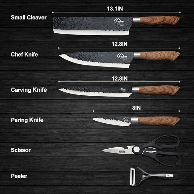 Numola 6 Pieces Black Professional Chef Knife Set, BBQ Meat Knives for Cooking, Forged Kitchen Knife with High Carbon Stainless Steel Cutlery Ergonomic Design Handle with Box for Couples Gift