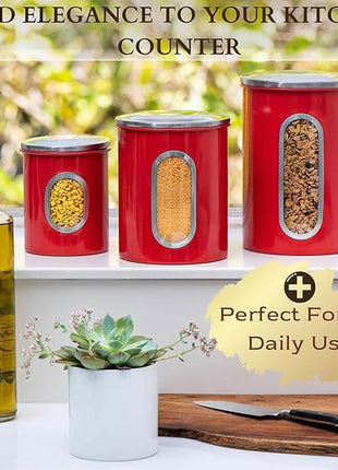 Mixpresso 3-Piece Red Canisters Sets For The Kitchen, Airtight Canister Set With See Through Window, Storage Jars for Coffee Container, Tea Organizer & Sugar Canister, Red Kitchen Canisters