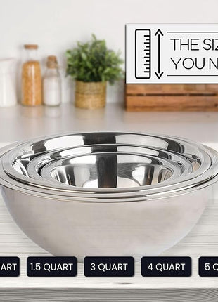 WHYSKO Meal Prep Stainless Steel Mixing Bowl (5-Piece Set) Home, Refrigerator, and Kitchen Food Storage Organizers | Ecofriendly, Heavy Duty, No Lids