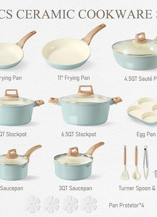 CAROTE 21-Piece Ceramic Pots and Pans Cookware Set, Non Stick Induction Cook Ware Kitchen Cooking Set Non-Toxic Health, PFAS Free