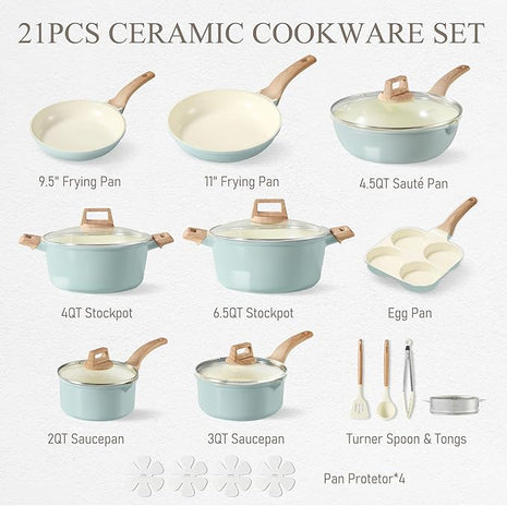 CAROTE 21-Piece Ceramic Pots and Pans Cookware Set, Non Stick Induction Cook Ware Kitchen Cooking Set Non-Toxic Health, PFAS Free