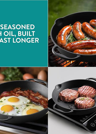 Navaris Cast Iron Skillet Pan - Oven Safe 2 Handle Frying Skillets - Pre Seasoned Pans for Stove or BBQ Cooking - 12 Inch / 30cm