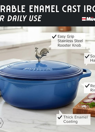 MUELLER HOME 5.5 Quart Enameled Cast Iron Oval Dutch Oven w Rooster Knob & Cotton Potholders, Heavy-Duty Cookware, Oven-Safe up to 500° F & Across All Cooktops, Gifts for Grandma & Women, Aqua Blue