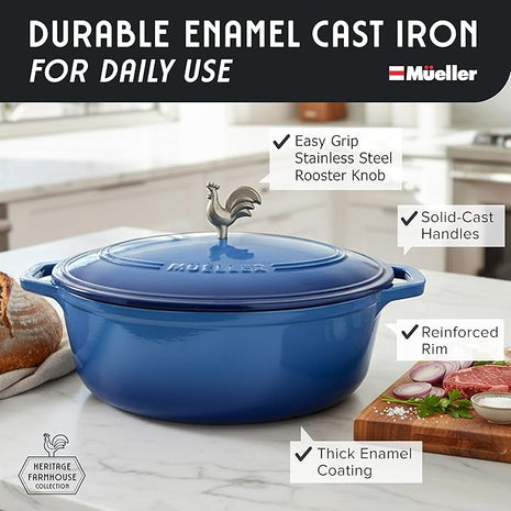 MUELLER HOME 5.5 Quart Enameled Cast Iron Oval Dutch Oven w Rooster Knob & Cotton Potholders, Heavy-Duty Cookware, Oven-Safe up to 500° F & Across All Cooktops, Gifts for Grandma & Women, Aqua Blue