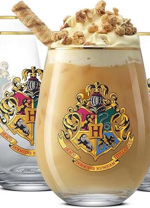 JoyJolt Harry Potter Hogwarts Heritage Stemless Drinking Glasses, 19oz Glass Tumblers, Teardrop Glass Drinking Glasses Set of 4, Hogwarts Cup, Harry Potter Gifts for Adults