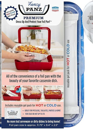 Fancy Panz - Blue Marble Premium Aluminum Foil Pan Carrier with Lid & Hot/Cold Pack - Elevated Food Serving Tray - Portable Casserole Carrier with Lid - Made in the USA Hosting Essentials