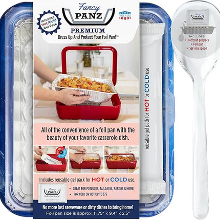 Fancy Panz - Blue Marble Premium Aluminum Foil Pan Carrier with Lid & Hot/Cold Pack - Elevated Food Serving Tray - Portable Casserole Carrier with Lid - Made in the USA Hosting Essentials