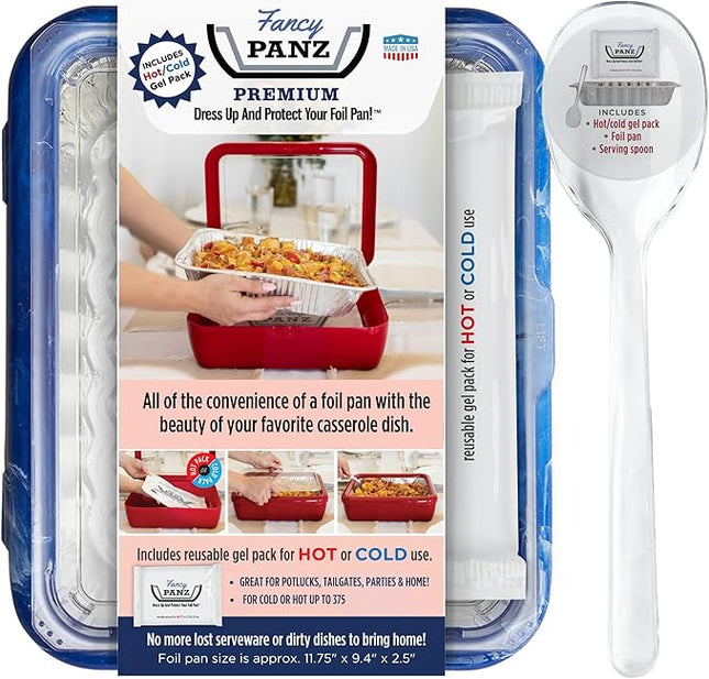 Fancy Panz - Blue Marble Premium Aluminum Foil Pan Carrier with Lid & Hot/Cold Pack - Elevated Food Serving Tray - Portable Casserole Carrier with Lid - Made in the USA Hosting Essentials