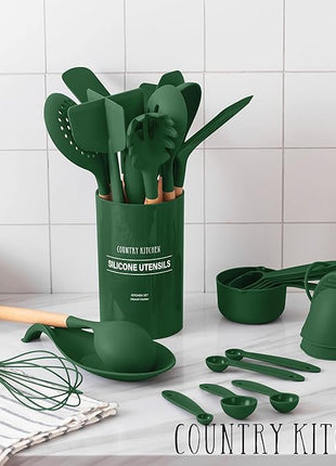 Country Kitchen Non Stick Silicone Utensil Set with Rounded Wood Handles for Cooking and Baking, 38 Piece Set, Green