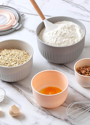 COOK WITH COLOR Prep Bowls with Lids- Wide and Deep Nesting Plastic Small Mixing Bowl Set with Lids, 8 Piece Set - Deep Bowls, Grey/Pink