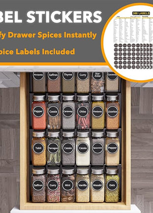 SpaceAid Spice Drawer Organizer with 24 Spice Jars, 386 Spice Labels, 4 Tier Seasoning Rack Tray Insert for Kitchen Drawers, 11.25" Wide x 17.5" Deep