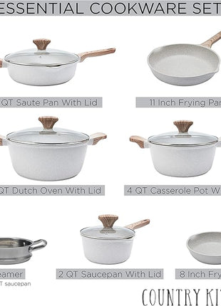 Country Kitchen Non-Stick Cast Aluminum Cookware Set - Durable Kitchen Cookware for Everyday Cooking, Cream, 11 Pc.