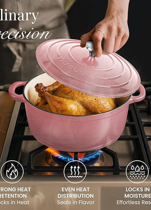 Nuovva Enamelled Cast Iron Dutch Oven Pot with Lid 6.4 Quart Non Stick Casserole Pot – Heavy Duty & Oven Safe up to 500° F for Bread Baking, Braising, Stews, Roasting – 28cm Pink