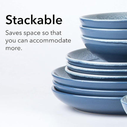 FAIT Round Stoneware 16pc Dinnerware Set for 4, Dinner Plates, Side Plates, Cereal Bowls, Mugs - Reactive Glaze Blue (463014)