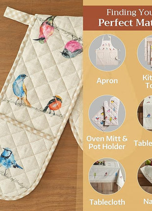 Maison d' Hermine Double Oven Mitts 100% Cotton 7"x35" Double Oven Mitt Heat Resistant BBQ Cooking Gloves with Loop, Baking, Grilling, Home, Kitchen, Handling Hot Pans Spring Summer (Birdies On Wire)