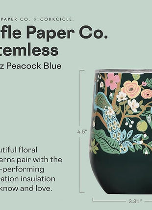 Corkcicle Stemless Insulated Wine Glass Tumbler - Keeps Beverages Cold 6 Hrs Hot 3 Hrs - Stainless Steel - Easy-Grip - Gift for Mom - Great for Mother's Day or Christmas - 12 oz - Peacock Blue