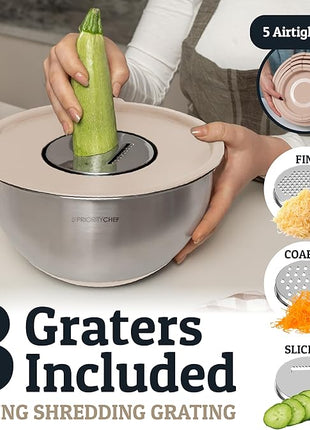 Priority Chef Stainless Steel Mixing Bowls with Lids Set, Metal Nesting Bowls with Airtight Lids, Graters, Non-Slip Base & Measurement Marks, Includes Utensil Set for Prep, Baking & Storage, Khaki