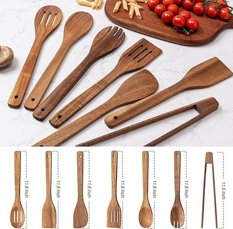 Wooden Spoons for Cooking 7-Piece, Kitchen Nonstick Wood Cooking Utensils Set, Durability Wooden Spatula Spoon for Everyday Use, Brown