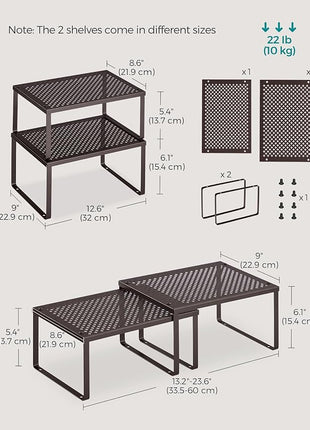 SONGMICS Spice Racks, Set of 2 Metal Cabinet Shelf Organizers, Countertop Organizers, Shelf Risers, Stackable, Expandable, Brown UKCS01BR