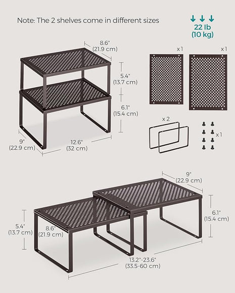 SONGMICS Spice Racks, Set of 2 Metal Cabinet Shelf Organizers, Countertop Organizers, Shelf Risers, Stackable, Expandable, Brown UKCS01BR