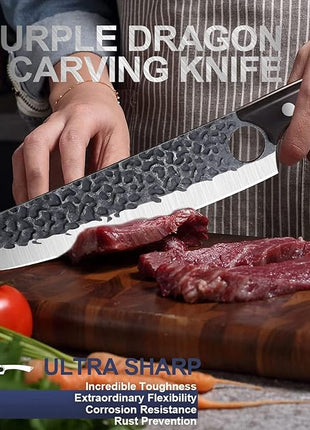 Purple Dragon Butcher Knife Meat Cleaver 7.5 Inch Hand forged Chef Knife Japan High Carbon Steel Knife for Meat Vegetable Full Tang Long Handle Sharp Carving Knife