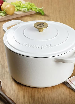 Crock-Pot Artisan 7-Quart Round Dutch Oven – Matte Linen White with Gold Knob, Enameled Cast Iron Cookware