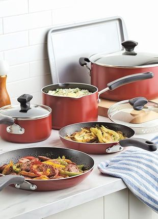 Farberware Cookstart DiamondMax Nonstick Cookware/Pots and Pans Set, Dishwasher Safe, Includes Baking Pan and Cooking Tools, 15 Piece - Red