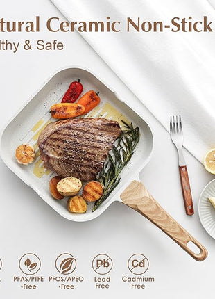 SENSARTE Nonstick Ceramic Grill Pan for Stove Tops, Versatile Square Grilling Pan with Pour Spouts, Durable Grill Skillet for All Stoves(Gas,Electric,Induction) Non Toxic-PTFE,PFAS,PFOA Free, 9.5Inch