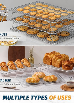 Stainless Steel Stackable Cooling Rack for Baking, 3 Tier 12”x 16.5”,Oven & Dishwasher Salf and Fit Half Sheet,Wire Cooling Racks for Cookie, Pizza, Cake