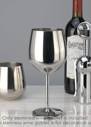 PG Set of 4 Stainless Steel Wine Glass - 18.5oz Silver Mirror Finished Wine Glasses - Unbreakable Wine Glasses - Stem Metal Wine Goblets