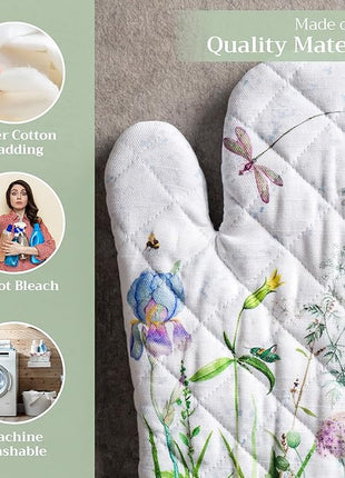 Maison d' Hermine Oven Gloves 100% Cotton Oven Mitt 7" x 13" with Loop Heat Resistant, BBQ, Cooking Gloves, Baking, Grilling, Kitchen, Handling Hot Pans Spring/Summer (Pack of 1, Fleurs De Mai)