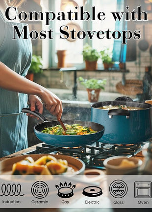 Cook N Home Pots and Pans Nonstick Cookware Set 10-Piece, Belly Shape Kitchen Cooking Set with Frying Pans and Saucepans, Induction Compatible, Turquoise