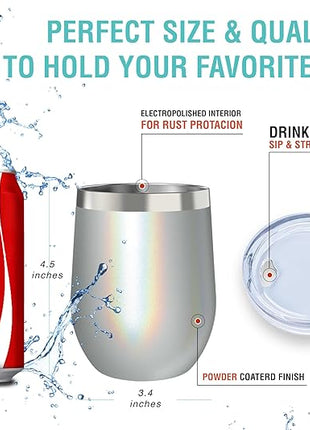 CHILLOUT LIFE 12 oz Stainless Steel Wine Tumbler with Lid - Double Wall Vacuum Insulated Wine Cup Glass Keeping Cold & Hot for Coffee, Champagne, Cocktails, Ice Cream - Holographic Glitter