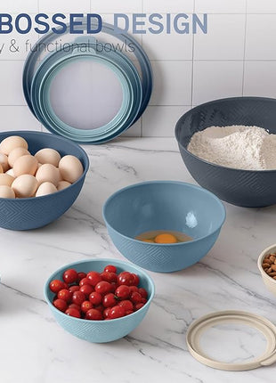 COOK WITH COLOR Mixing Bowls with Lids - 12 Piece Plastic Nesting Bowls Set includes 6 Prep Bowls and 6 Lids, Rhombus Design - Microwave Safe (Blue)