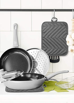 GROBRO7 5Pack Pocket Pot Holders Cotton Heat Resistant Potholder Multipurpose Hot Pads Machine Washable Oven Mitts Cooking Pads Bulk for Daily Kitchen Baking and Cooking 8.9 x 6.9 Inch Grey