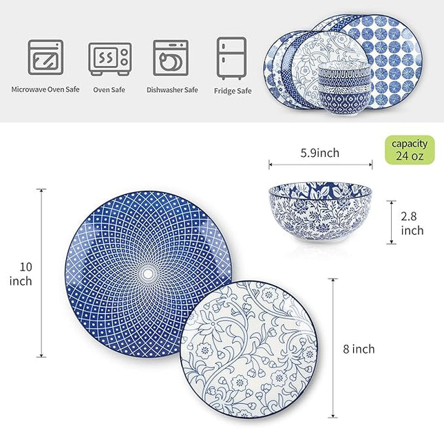 Selamica Ceramic Dinnerware Sets, 12-Pieces Plates and Bowls Sets, Scratch Resistant Dishes set for 4, Dishwasher & Microwave Safe,Vintage Blue