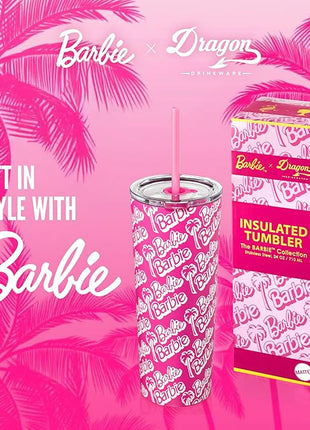 Dragon Glassware x Barbie 24 oz Insulated Stainless Steel Tumbler with Lid and 2 Straws - Travel Coffee Tumbler Cup to Keep Drinks Hot or Cold, Fits Cup Holders - Palm Trees