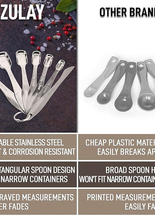 Zulay Heavy Duty Stainless Steel Measuring Spoons with Easy to Read, Slim Design for Narrow Spice Jars, 6 Piece Measuring Spoons with Etched Markings & Removable Clasp, Table Spoons Measuring Spoon