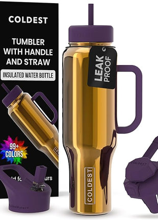 Coldest Tumbler with Handle and Straw, 100% Spill Proof Tumbler with Straw (3 Lids), Stainless Steel Insulated Leakproof Tumblers for Women & Men, Cup Holder Friendly, 46 oz (Mango Reflections)