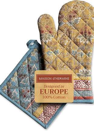 Maison d' Hermine 100% Cotton Oven Mitt & Pot Holder Set (7.5"x13" & 8"x8") Heat Resistant BBQ Cooking Gloves with Loop, Baking, Grilling, Kitchen, Handling Hot Pans Spring/Summer (Marquise)