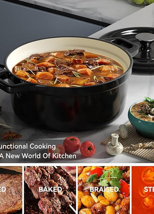 Miereirl 6.5 Quart Enameled Dutch Oven Pot with Lid, Cast Iron Dutch Oven with Dual Handles for Bread Baking, Cooking, Non-stick Enamel Coated Cookware (Black)