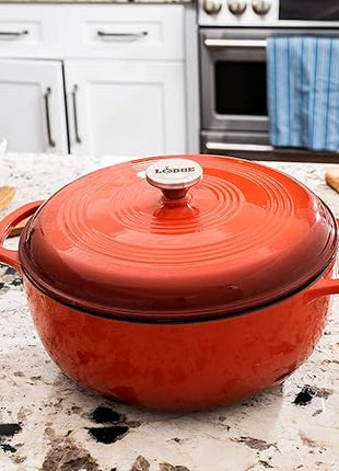 Lodge 7.5 Quart Enameled Cast Iron Dutch Oven with Lid – Dual Handles – Oven Safe up to 500° F or on Stovetop - Use to Marinate, Cook, Bake, Refrigerate and Serve – Poppy