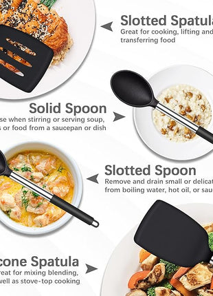 Silicone Spatula Spoon Set, 4 PCS Silicone Cooking Utensils Spatula Spoon Set with Stainless Steel Handle, BPA Free Kitchen Turners for Frying, Mixing, Serving, Draining, Turning, Stirring, Black