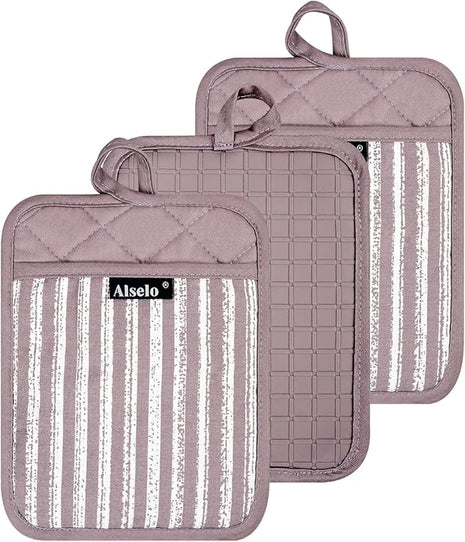 Silicone Pot Holders Set of 3 Heat Resistant & Non Slip Potholders, Professional Oven Hot Pads with Pockets Mitts for Kitchen Cooking Baking Barbecue (3, Purple)