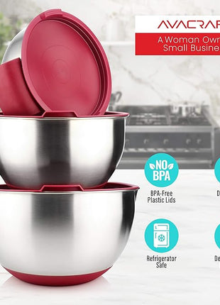 AVACRAFT 18/10 Stainless Steel Mixing Bowls with Lids, non slip silicone base bowls with Handle, Mixing Bowl Set with Pour Spouts & Measurement Marks, Home Essentials Cooking Bowls, (Red)