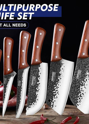 8PCS Chef Butcher Fish Knife Set for Meat Cutting with Roll Bag, Hand Forged Meat Cleaver Knife Boning Carving Knife Set for Home、Camping、BBQ